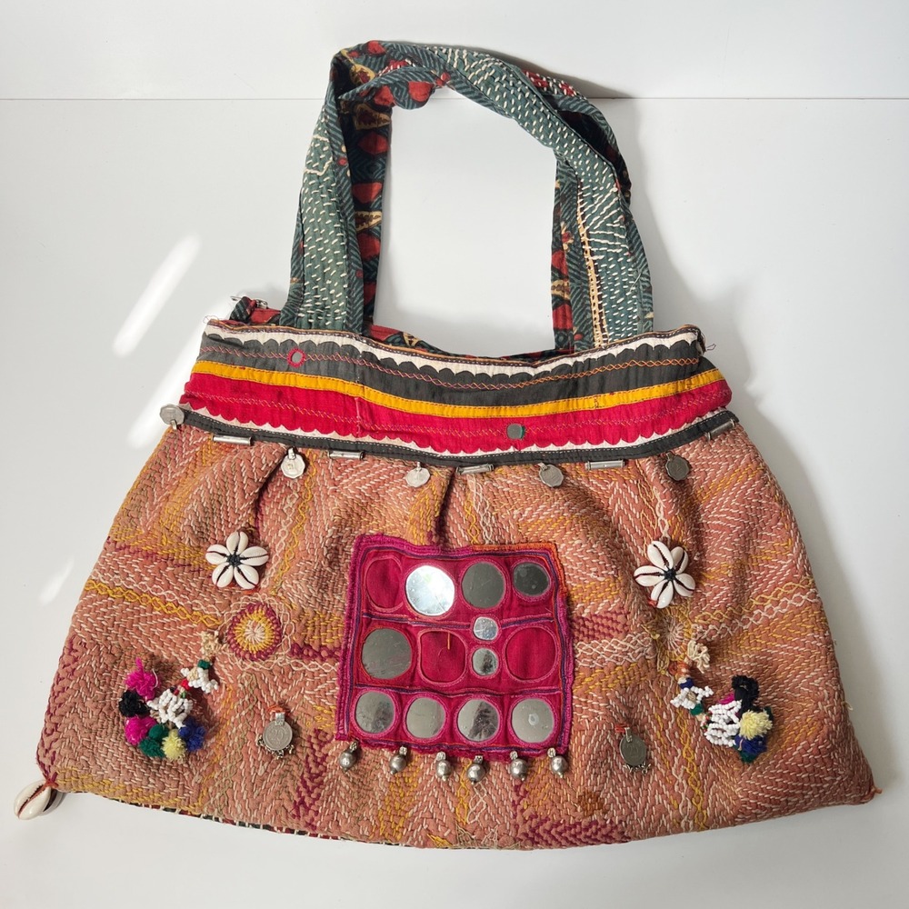 Vintage Banjara Kantha Large Tote Bag Multicolor Boho Mirror Shell Coin Patch